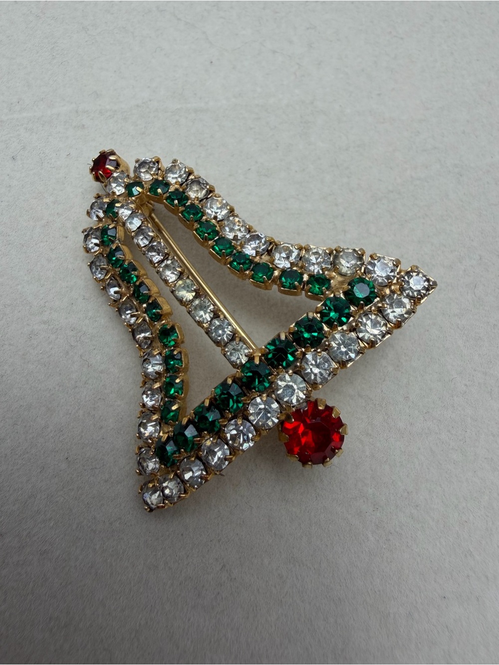 Vintage Gold-Tone Green, Clear & Red Crystal Brooch